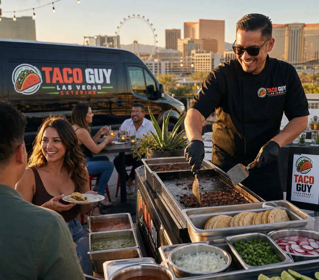 Taco caterer serving guests from a compact grill and taco bar at an outdoor Las Vegas party