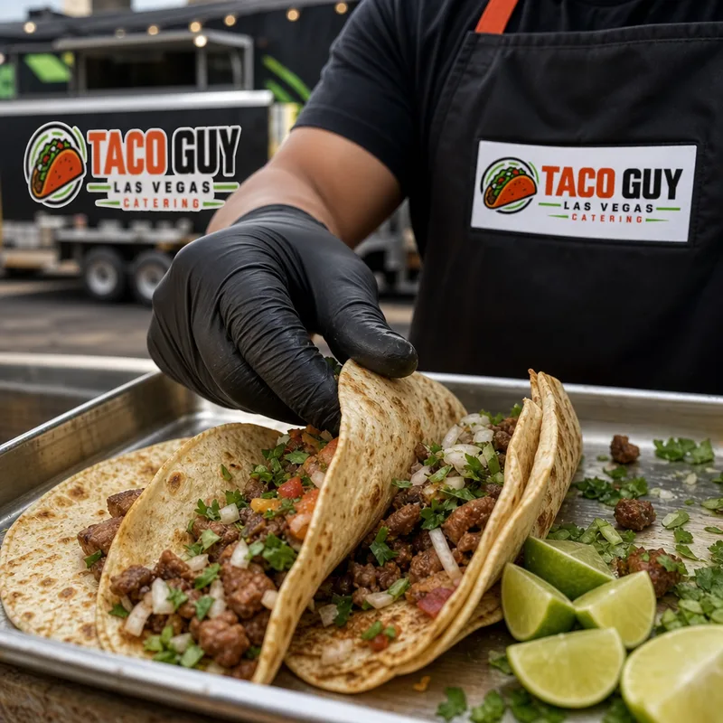 Fresh tortillas being warmed beside assembled tacos presented on a tray