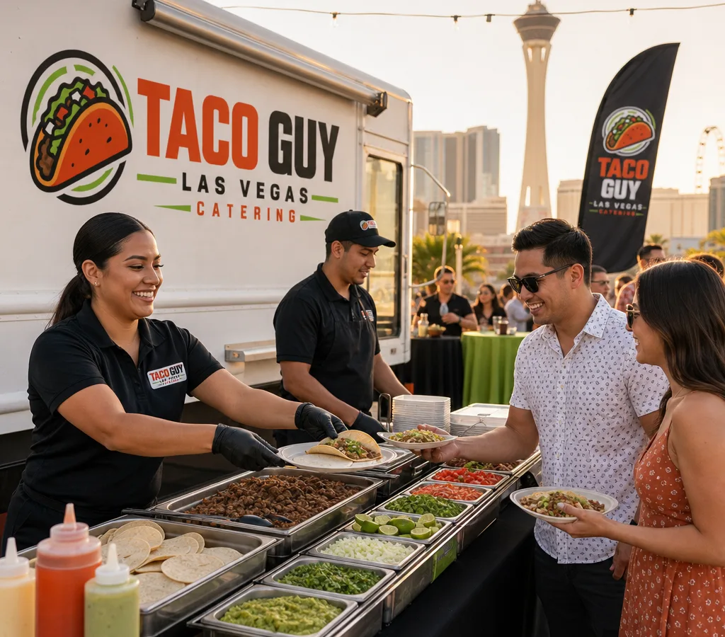 Outdoor Las Vegas event with a staffed taco bar, warm tortillas, organized toppings, and guests being served