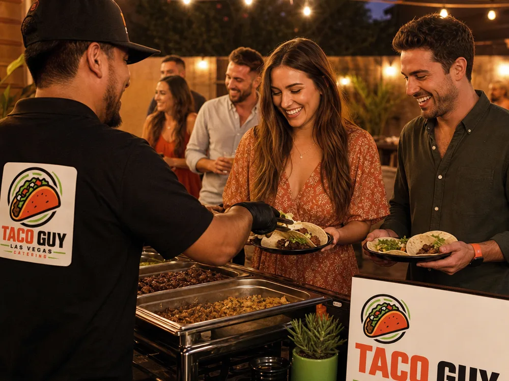 Evening backyard party with string lights and a taco station arranged on a residential patio