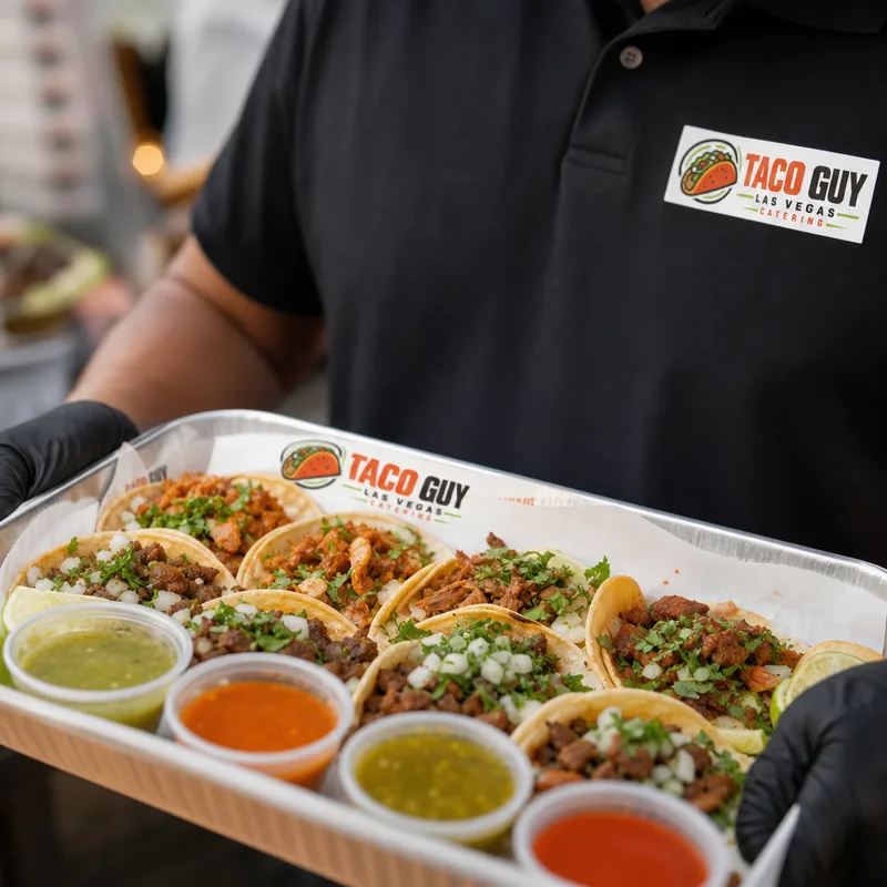 Close-up of finished tacos on a tray with fresh toppings and salsa cups ready for guests at a catered party