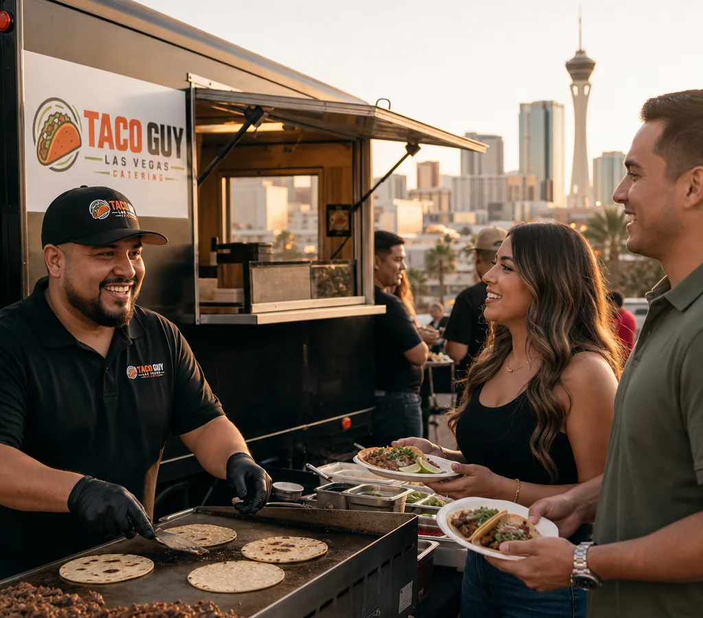 A taco man serving guests from a compact catering setup at an outdoor Las Vegas event, with fresh tortillas on a flat top and guests holding plates of tacos