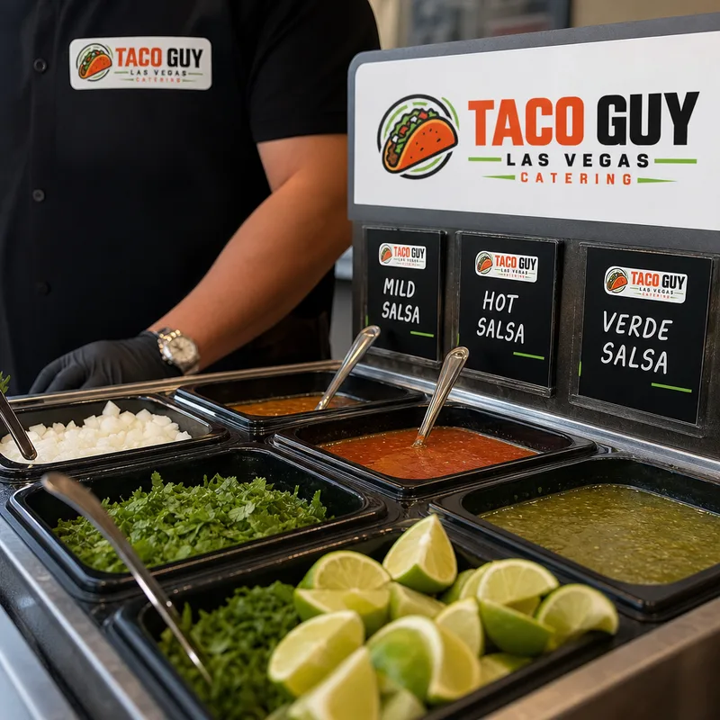 Taco bar topping station with labeled salsas, onions, cilantro, lime wedges, and serving utensils arranged for fast guest flow