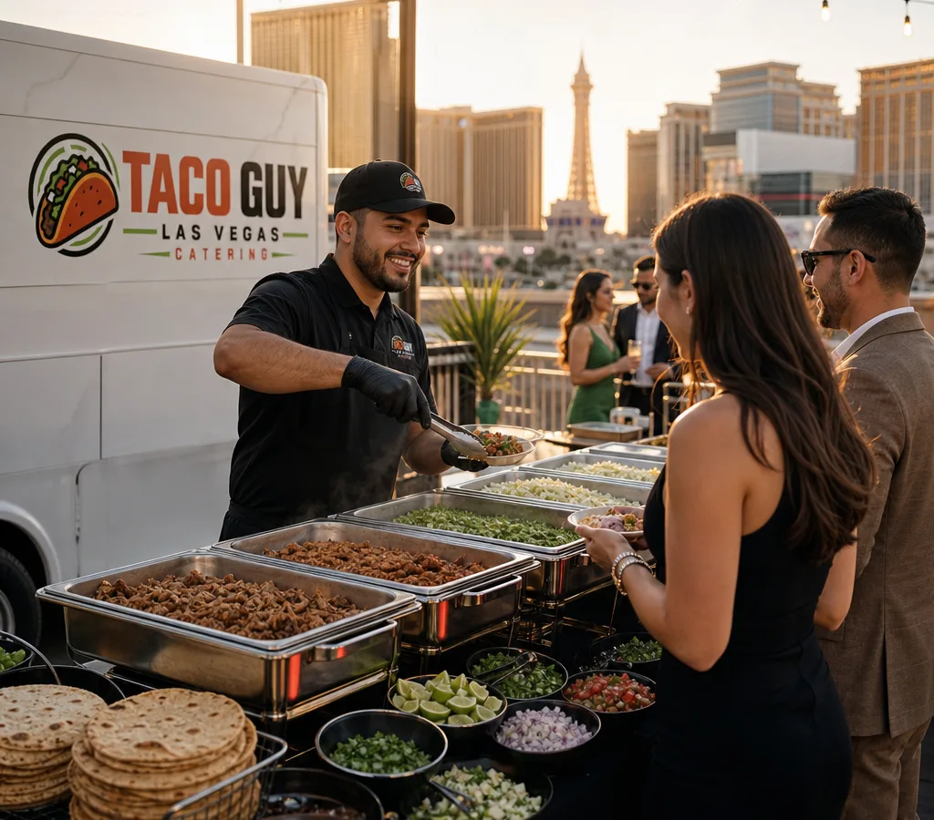 Staffed taco bar at a Las Vegas event with warm tortillas, proteins, salsas, toppings, and guests being served