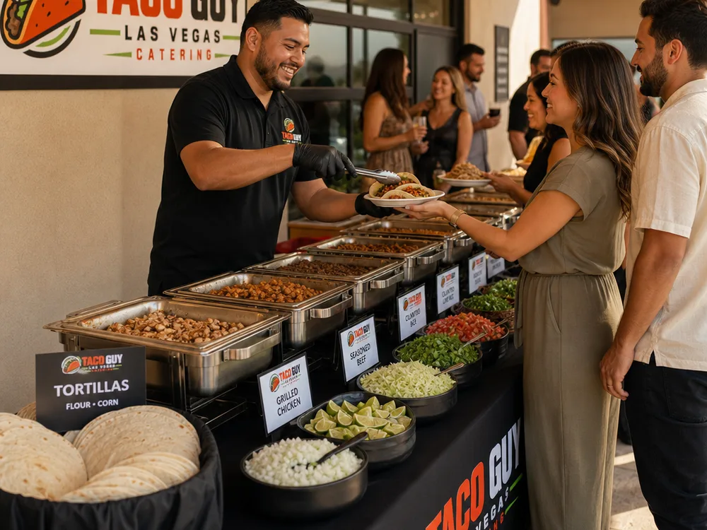 Taco bar line with tortillas, proteins, sides, and toppings arranged in order for efficient service