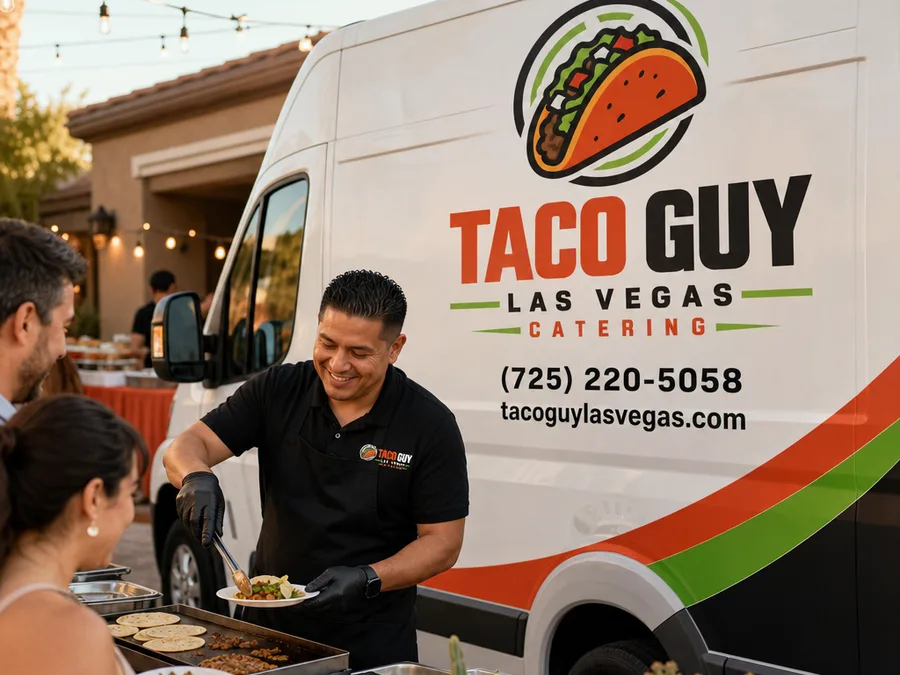 Caterer warming tortillas and plating tacos while guests approach at a casual house party
