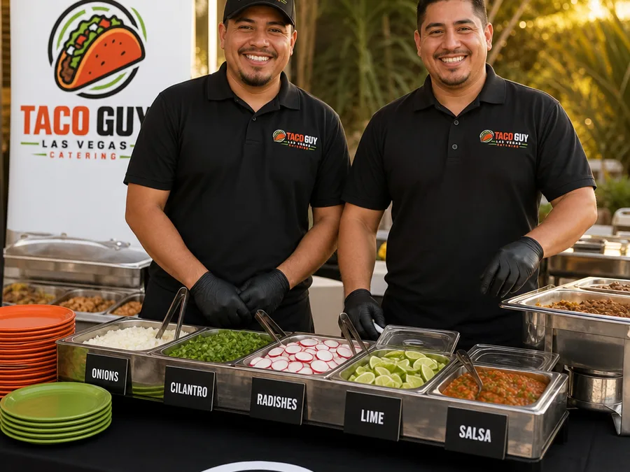 Two taco catering staff members ready to serve behind an organized topping station